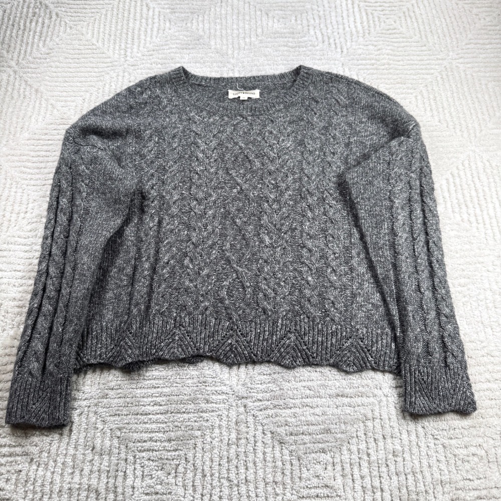 Lucky Brand Cable Knit Sweater Women's XXL Gray Hygge Cottagecore Boho Cozy Soft